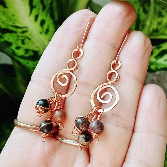 Boho Chic Rhodonite Crystal Dangle Earrings, Hammered Copper Jewelry, 2.5" - Picture 2 of 2